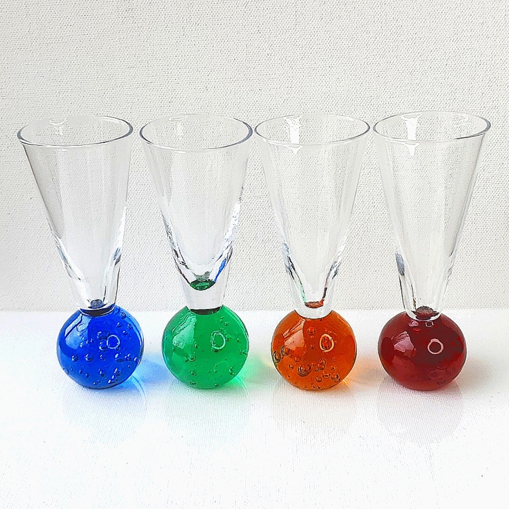 Vintage Mid Century Italian Bubble Cordial Set of 4 Handblown Glasses